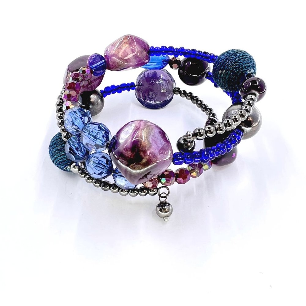 NWOT – BOHO Beaded Multi Color Gunmetal Tone Wire Wrap One Size Bracelet - Picture 5 of 6